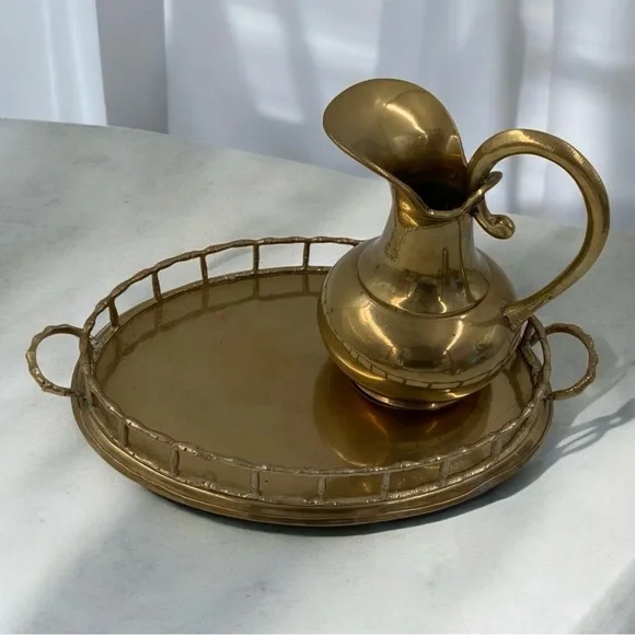 Mid Century Brass Wine Serving Set, Tray, Pitcher And Goblets, Functional Decor - Picture 4 of 10